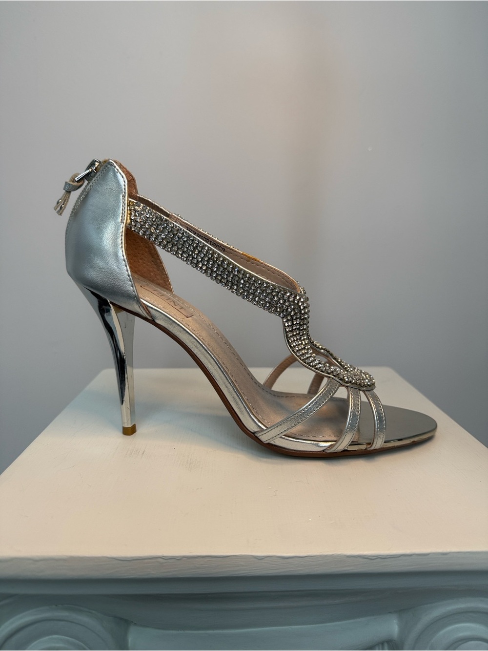 Glint Silver Rhinestone T-Strap High Heel Sandal